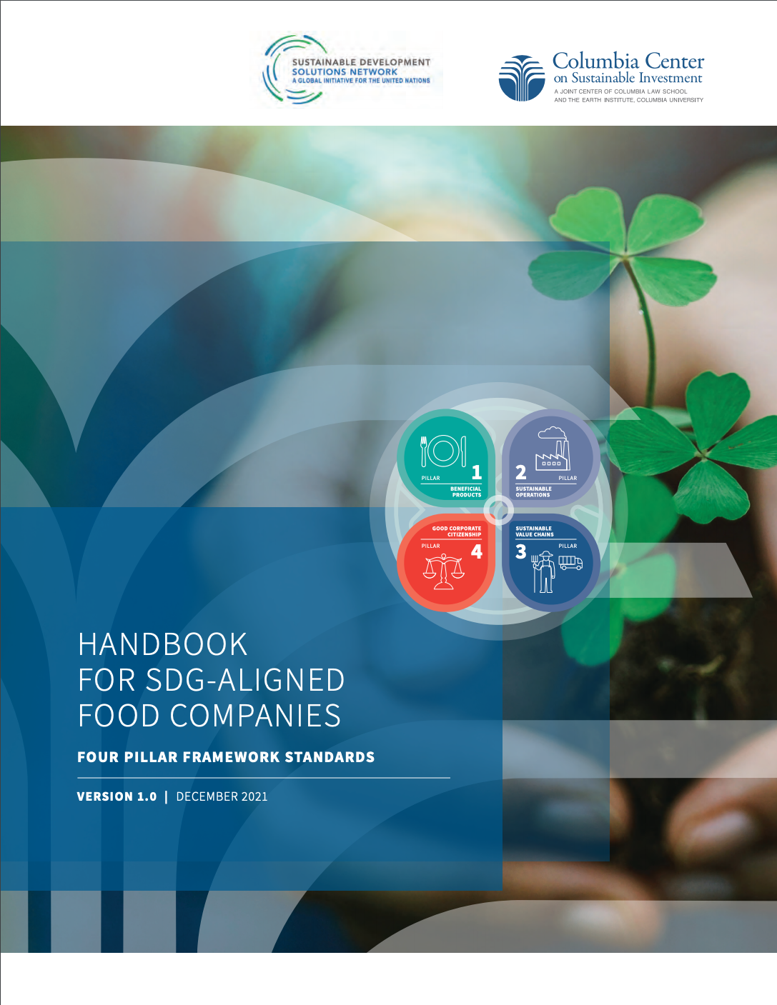 Cover page titled "Handbook for SDG-Aligned Food Companies" with the sub-title as "Four Pillar Framework Standards".