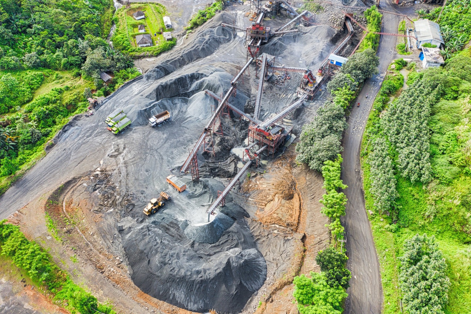 Bird's eye view of heavy mining equipment in use